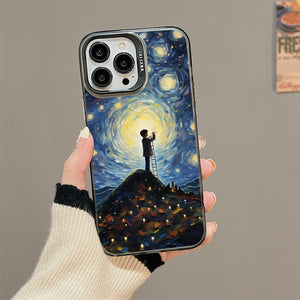 【BUY 4 ONLY PAY FOR 2】So Cool Case for iPhone with Unique Design, starry night Hard Back + Soft Frame with Independent Button Protective Case for iPhone -boy staring at the starry night
