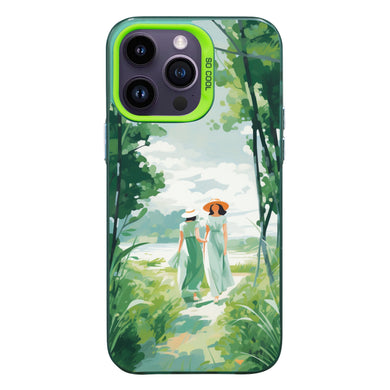 【BUY 4 ONLY PAY FOR 2】So Cool Case for iPhone with Unique Design, starry night Hard Back + Soft Frame with Independent Button Protective Case for iPhone -watercolor painting girls with straw hats walking in forest green trees spring