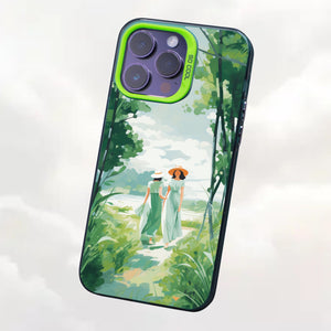 【BUY 4 ONLY PAY FOR 2】So Cool Case for iPhone with Unique Design, starry night Hard Back + Soft Frame with Independent Button Protective Case for iPhone -watercolor painting girls with straw hats walking in forest green trees spring