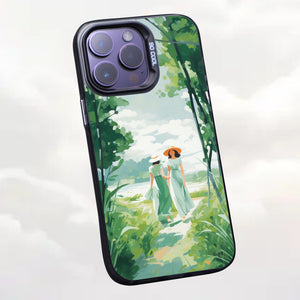 【BUY 4 ONLY PAY FOR 2】So Cool Case for iPhone with Unique Design, starry night Hard Back + Soft Frame with Independent Button Protective Case for iPhone -watercolor painting girls with straw hats walking in forest green trees spring