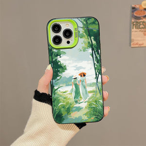 【BUY 4 ONLY PAY FOR 2】So Cool Case for iPhone with Unique Design, starry night Hard Back + Soft Frame with Independent Button Protective Case for iPhone -watercolor painting girls with straw hats walking in forest green trees spring