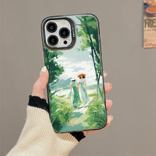 【BUY 4 ONLY PAY FOR 2】So Cool Case for iPhone with Unique Design, starry night Hard Back + Soft Frame with Independent Button Protective Case for iPhone -watercolor painting girls with straw hats walking in forest green trees spring