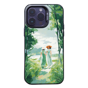 【BUY 4 ONLY PAY FOR 2】So Cool Case for iPhone with Unique Design, starry night Hard Back + Soft Frame with Independent Button Protective Case for iPhone -watercolor painting girls with straw hats walking in forest green trees spring