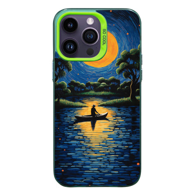 【BUY 4 ONLY PAY FOR 2】So Cool Case for iPhone with Unique Design, starry night Hard Back + Soft Frame with Independent Button Protective Case for iPhone -canoe in the water under the moon rural life impressionist