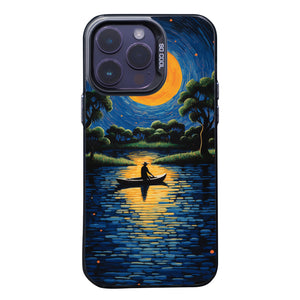 【BUY 4 ONLY PAY FOR 2】So Cool Case for iPhone with Unique Design, starry night Hard Back + Soft Frame with Independent Button Protective Case for iPhone -canoe in the water under the moon rural life impressionist
