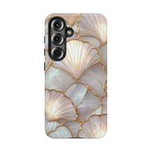 Luxury Pearl Seashell Phone Case, Gold Foil Inlaid Mosaic Coastal Aesthetic Protective Cover, Shockproof Dual Layer Slim Phone Case for iPhone 16 15 14 13 12 Pro Max, Samsung S26 S25 S24 S23 HNSJK0029