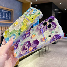Laser Glow Retro Oil Painting Flower Phone Case, Cute Curly Wave Frame Shockproof Soft TPU Protective Cover for iPhone 17 Pro Max 17 Air 16 15 14 13 Pro, Exquisite Floral Phone Case for Girls Women HNSJK0030