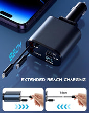Retractable Car charger, 4-in-1 Fast charging Car phone charger adapter 60w, retractable cable (2 ft) for iPhone and USB-C and 2 USB ports, compatible with iPhone 15/14/13 Pro Max, Samsung g, Pixel