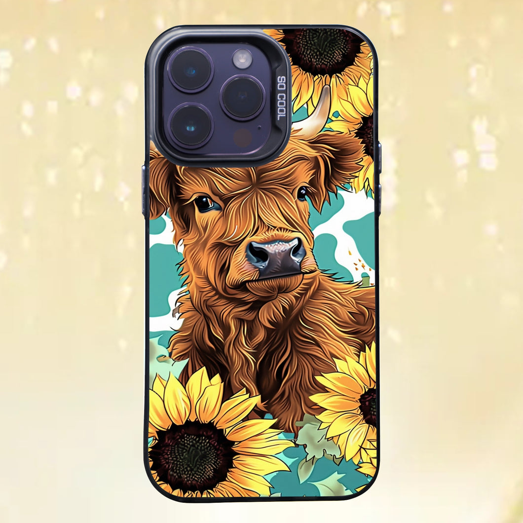 【BUY 4 ONLY PAY FOR 2】So Cool Case for iPhone with Unique Design, Hard Back + Soft Frame with Independent Button Protective Case for iPhone - cow among sunflowers