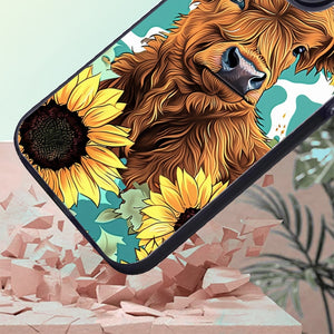 【BUY 4 ONLY PAY FOR 2】So Cool Case for iPhone with Unique Design, Hard Back + Soft Frame with Independent Button Protective Case for iPhone - cow among sunflowers