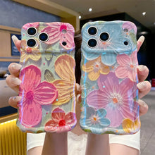 Laser Glow Retro Oil Painting Flower Phone Case, Cute Curly Wave Frame Shockproof Soft TPU Protective Cover for iPhone 17 Pro Max 17 Air 16 15 14 13 Pro, Exquisite Floral Phone Case for Girls Women HNSJK0030