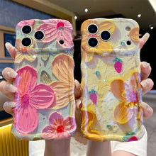 Laser Glow Retro Oil Painting Flower Phone Case, Cute Curly Wave Frame Shockproof Soft TPU Protective Cover for iPhone 17 Pro Max 17 Air 16 15 14 13 Pro, Exquisite Floral Phone Case for Girls Women HNSJK0030