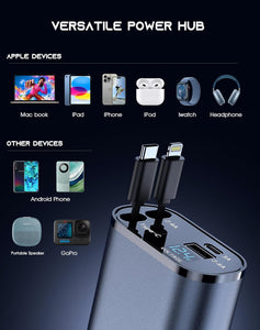 Retractable Car charger, 4-in-1 Fast charging Car phone charger adapter 60w, retractable cable (2 ft) for iPhone and USB-C and 2 USB ports, compatible with iPhone 15/14/13 Pro Max, Samsung g, Pixel