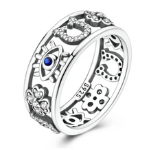 Silver-Plated Lucky Amulet Ring - Adorned with Evil Eye, 4-Leaf Clover, Horseshoe, Cubic Zirconia - Women's Costume Jewelry, Ideal Women's Gift HNJZ0024