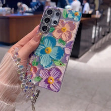 For S25/24/23/S22 blue light oil painting Green and Pink flower shell anti fall protective cover  HNSJK0019