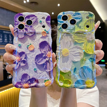 Laser Glow Retro Oil Painting Flower Phone Case, Cute Curly Wave Frame Shockproof Soft TPU Protective Cover for iPhone 17 Pro Max 17 Air 16 15 14 13 Pro, Exquisite Floral Phone Case for Girls Women HNSJK0030