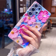 For S25/24/23/S22 blue light oil painting Green and Pink flower shell anti fall protective cover  HNSJK0019