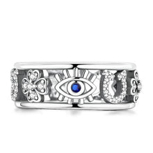 Silver-Plated Lucky Amulet Ring - Adorned with Evil Eye, 4-Leaf Clover, Horseshoe, Cubic Zirconia - Women's Costume Jewelry, Ideal Women's Gift HNJZ0024