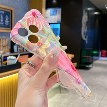 Laser Glow Retro Oil Painting Flower Phone Case, Cute Curly Wave Frame Shockproof Soft TPU Protective Cover for iPhone 17 Pro Max 17 Air 16 15 14 13 Pro, Exquisite Floral Phone Case for Girls Women HNSJK0030