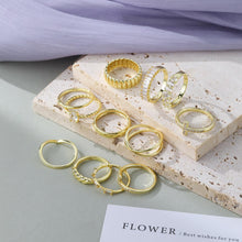 Gold-Tone 12-Piece Ring Set for Women: Versatile Mix & Match Styles with Zircon & Stripped Design - Chic Everyday Jewelry HNJZ0005