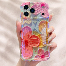 Laser Glow Retro Oil Painting Flower Phone Case, Cute Curly Wave Frame Shockproof Soft TPU Protective Cover for iPhone 17 Pro Max 17 Air 16 15 14 13 Pro, Exquisite Floral Phone Case for Girls Women HNSJK0030