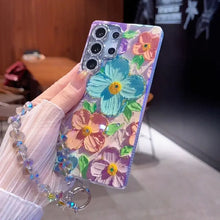 For S25/24/23/S22 blue light oil painting Green and Pink flower shell anti fall protective cover  HNSJK0019