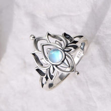 925 Steling Silver Moonstone Lotus Ring, Vintage Spiritual Growth and Enlightenment Jewelry, Symbol of the Goddess Heqet, Pagan Symbol, Synthetic Moonstone Lotus Flower Jewelry Gift for Mom Girlfriend, Mother's day Gift HNJZ0019