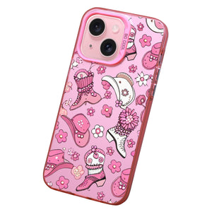 【BUY 4 ONLY PAY FOR 2】Pink Cute Case for iPhone with Unique Graphic Design, Hard Back + Soft Frame Protective Case - Western Boot Hat Cowgirl
