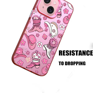 【BUY 4 ONLY PAY FOR 2】Pink Cute Case for iPhone with Unique Graphic Design, Hard Back + Soft Frame Protective Case - Western Boot Hat Cowgirl