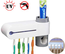 UV Toothbrush Holder, Toothpaste Dispenser + 5 Toothbrush Sterilizer Holder Wall Mounted with Sticker for Women Kids Baby Bathroom