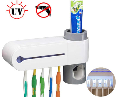 UV Toothbrush Holder, Toothpaste Dispenser + 5 Toothbrush Sterilizer Holder Wall Mounted with Sticker for Women Kids Baby Bathroom