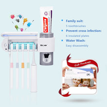 UV Toothbrush Holder, Toothpaste Dispenser + 5 Toothbrush Sterilizer Holder Wall Mounted with Sticker for Women Kids Baby Bathroom