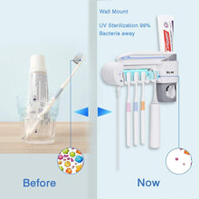 UV Toothbrush Holder, Toothpaste Dispenser + 5 Toothbrush Sterilizer Holder Wall Mounted with Sticker for Women Kids Baby Bathroom