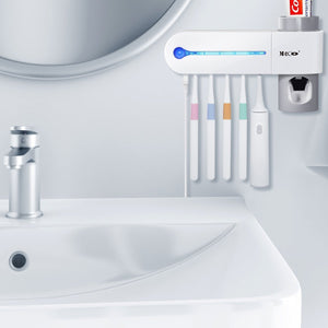 UV Toothbrush Holder, Toothpaste Dispenser + 5 Toothbrush Sterilizer Holder Wall Mounted with Sticker for Women Kids Baby Bathroom
