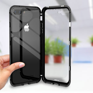 For iPhone X 8 Plus 7 Plus Tempered Glass Back Cover Magnetic Adsorption Flip Case
